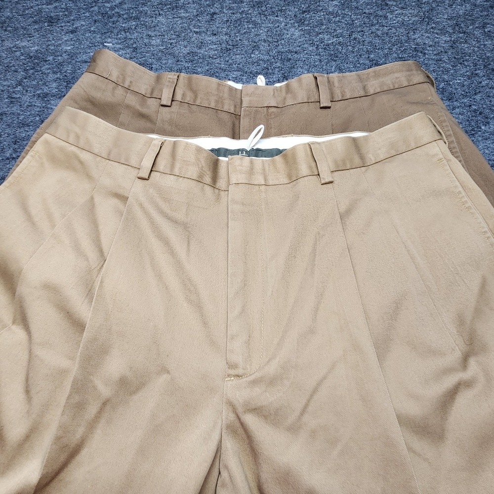 LL Bean Mens Wrinkle Free Pleated Chino Dress Khaki Pants 2 Pair 36 Unhemmed NEW